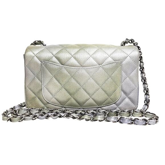 Chanel Rectangular Flap Mini Metallic Goatskin Gray Green Crossbody - Picture 2 of 7